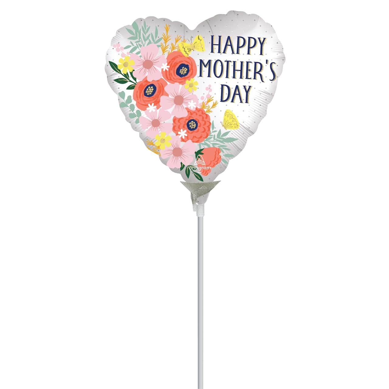 9" Happy Mothers Day Satin Blooms Foil Stick Balloon